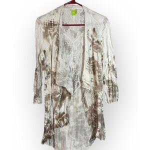 Adam‎ Jacobs Women's Cardigan White Brown Fairy Lace Print Open Front Duster L